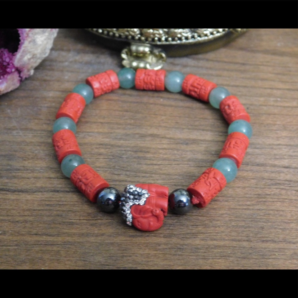Jade / Hematite Stone Bracelet- Cinnabar Spacer